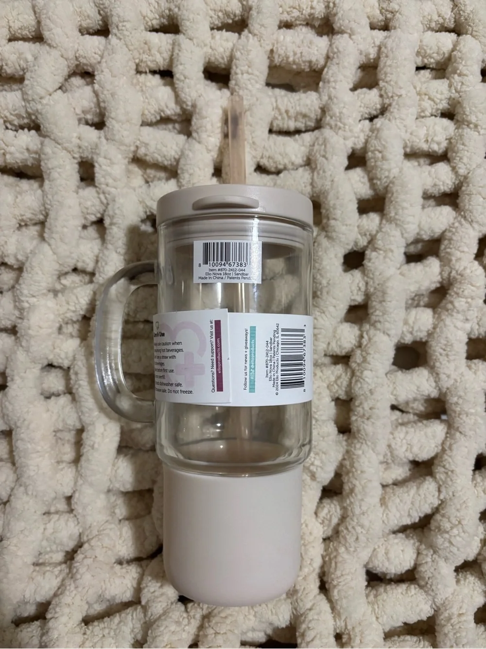 Ello Sip It Good! Glass Tumbler with Handle and Straw - Cream - Picture 2 of 3